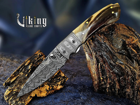Handmade 3.5" Folding Knife with Ram Horn, Ladder Pattern & Pocket Clip Viking_Blade_Crafts