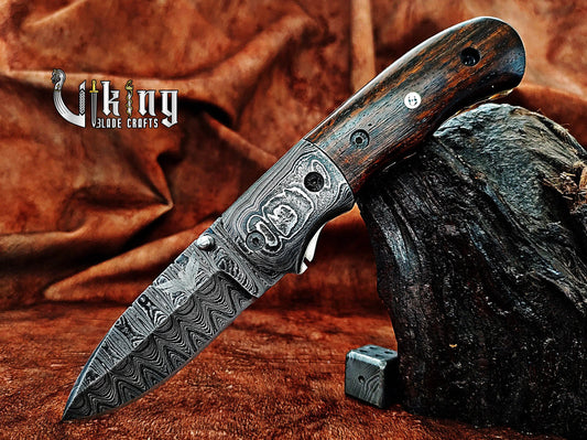Hand-Forged Damascus Steel Folding Knife with Rosewood Handle Viking_Blade_Crafts