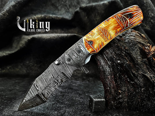 Forged Damascus Steel Folding Knife with Fire Camel Bone Handle Viking_Blade_Crafts