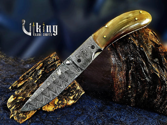 Handmade Folding Knife with Ram Horn, Ladder Pattern & Clip Viking_Blade_Crafts