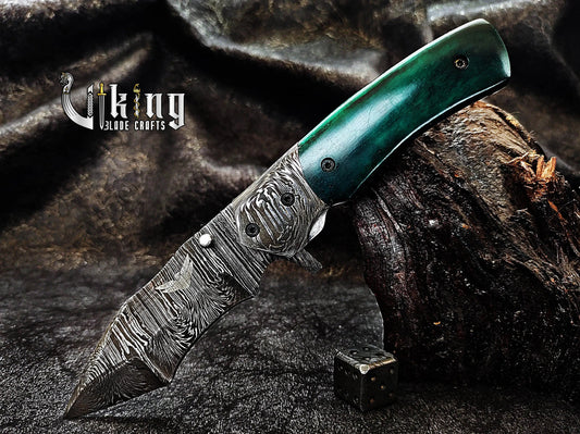 Premium Edition Stained Bone Handle Damascus Steel Folding Pocket Knife Viking_Blade_Crafts
