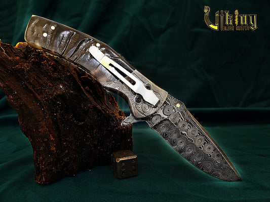 Hand-Forged Damascus Steel Knife | Raindrop Pattern | Ram Horn Handle