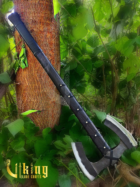 Forged Double Head 36" Viking Axe with Valknut & Viking Runes Carved Shield Viking_Blade_Crafts