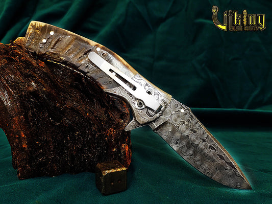 Hand-Forged Artisan Damascus Steel Folding Knife | Raindrop Pattern | Ram Horn Handle