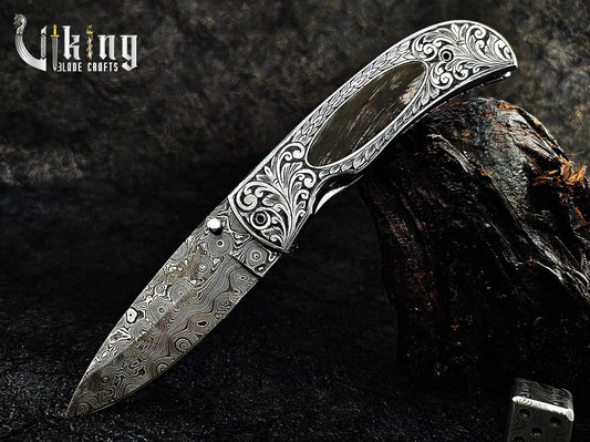 Handmade Damascus Folding Knife 3.5" Blade with Hand Carved Handle Design Viking_Blade_Crafts