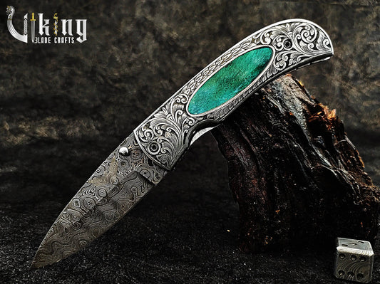 Hand-Carved Handle Damascus Folding Pocket Knife with Leather Sheath Viking_Blade_Crafts