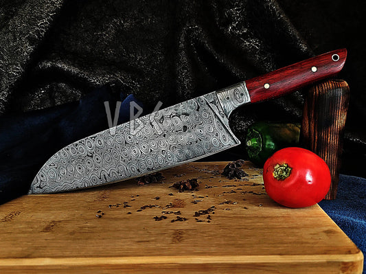 Forged Damascus Chef Knife With Red Blood Wood & Damascus Bolster Handle Viking_Blade_Crafts