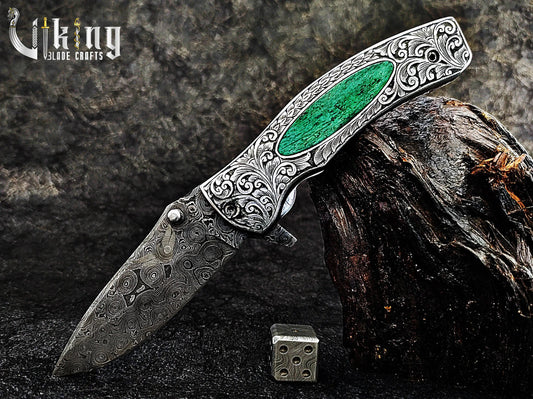 Handmade Damascus Steel Easy Lock Hand Carved Handle Folding Knife Viking_Blade_Crafts