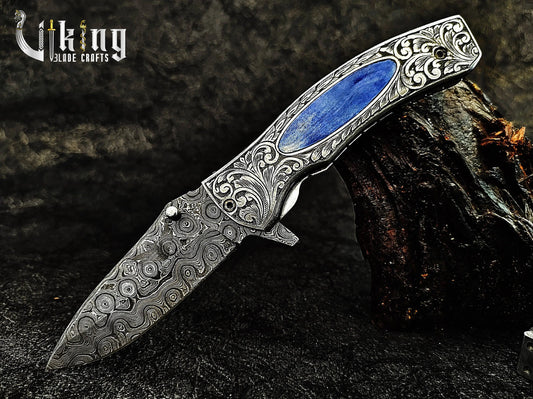 Handcrafted Damascus Steel Carved Handle Design Folding Knife Viking_Blade_Crafts