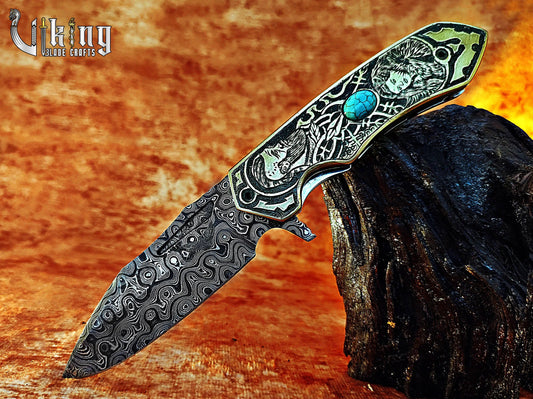 Handmade Damascus Folding Knife Shieldmaiden Lagertha & Ragnar Lothbrok Carved Handle Folding Knife Viking_Blade_Crafts