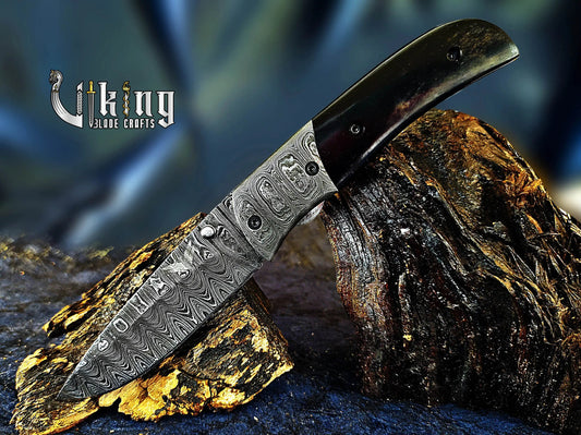 Hand-Forged Damascus Folding Knife with Ebony Wood & Ladder Blade Viking_Blade_Crafts