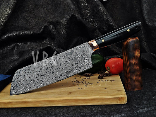 Handmade Damascus Chef knife With Ebony Wood & Copper Bolster Handle Viking_Blade_Crafts