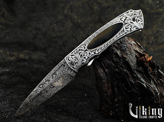 Handmade Damascus Steel Folding Knife – Hand Carved Handle & Stunning Craftsmanship Viking_Blade_Crafts