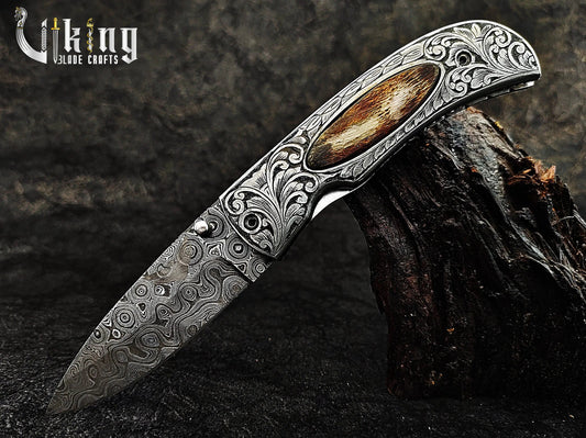 Handmade Damascus Gentlemen Series Carved Handle Folding Pocket Knife Viking_Blade_Crafts