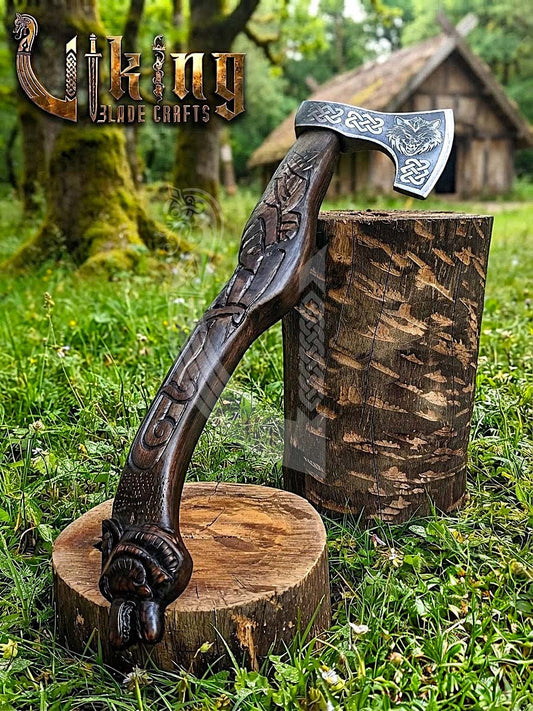 Hand Carved Viking Axe | Wolf Head Handle | Forged Steel