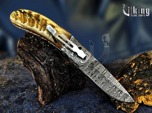 Hand-Forged Damascus Steel Blade with Ram Horn Handle & Easy Lock Folding Knife Viking_Blade_Crafts