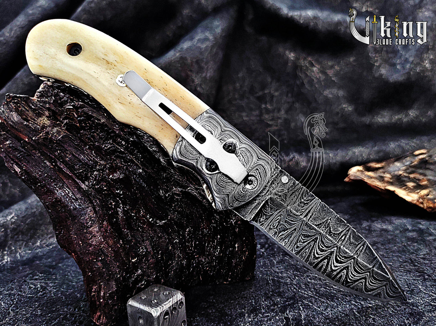Handmade Damascus Steel Folding Pocket knife With Camel Bone Handle