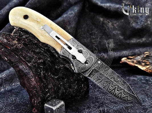 Handmade Damascus Steel Folding Pocket knife With Camel Bone Handle Viking_Blade_Crafts