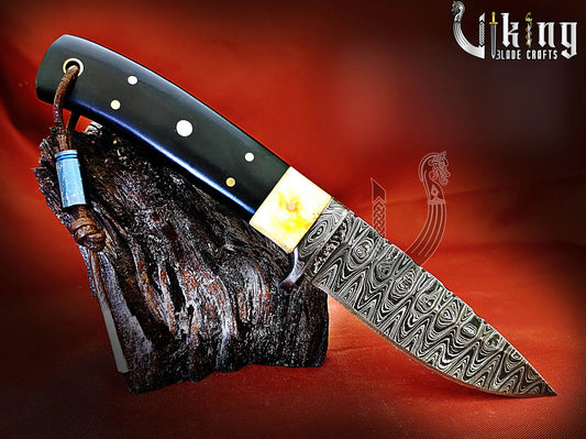 Handmade Damascus Steel Fixed Blade Hunting Knife With Leather Cover Viking_Blade_Crafts