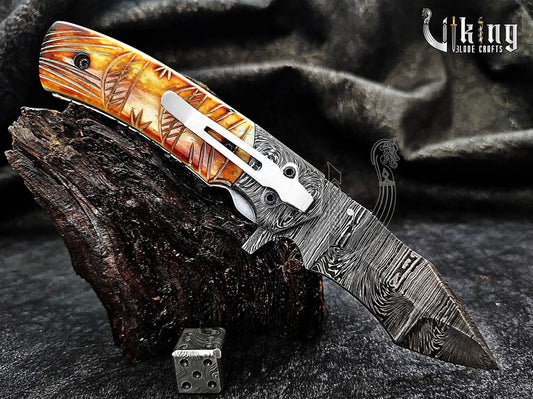 Forged Damascus Steel Folding Knife with Fire Camel Bone Handle Viking_Blade_Crafts