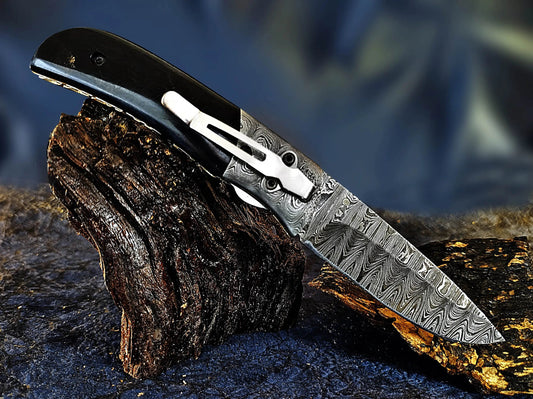 Handmade Damascus Folding Pocket Knife With Buffalo Horn Handle Viking_Blade_Crafts