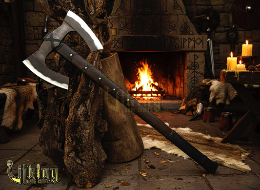 36" Double Bit Viking Axe - Hand Forged Carbon Steel & Leather Cover