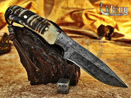 Handmade Damascus Steel Fixed Blade Hunting Knife With Leather Cover Viking_Blade_Crafts
