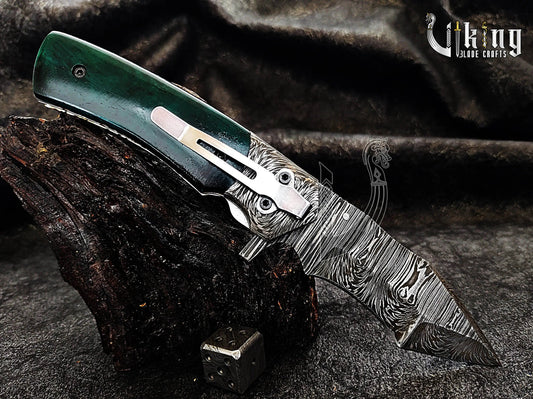 Premium Edition Stained Bone Handle Damascus Steel Folding Pocket Knife Viking_Blade_Crafts