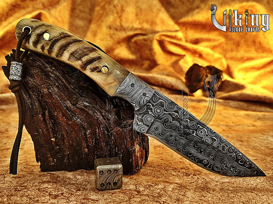 Damascus Steel Hunting & Camping Knife & Ram Horn Handle With Bolster Viking_Blade_Crafts