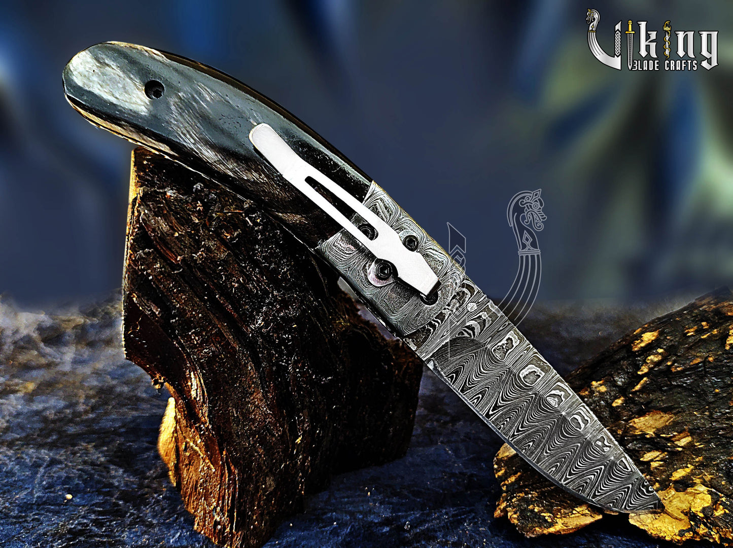 Damascus Folding Knife with Buffalo Horn Handle & Damascus Steel Clip