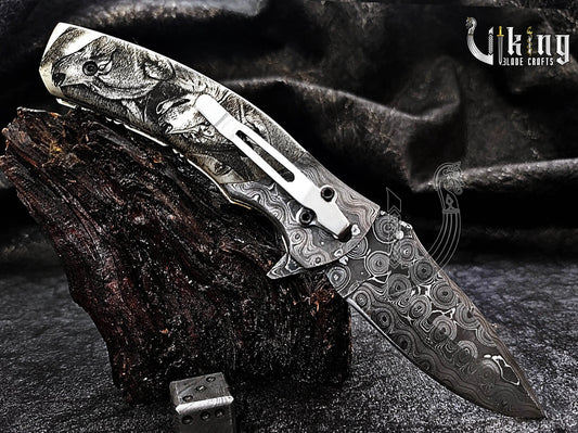 Hand-Forged Damascus Steel Rain Drop & Bone Handle Folding Knife Viking_Blade_Crafts