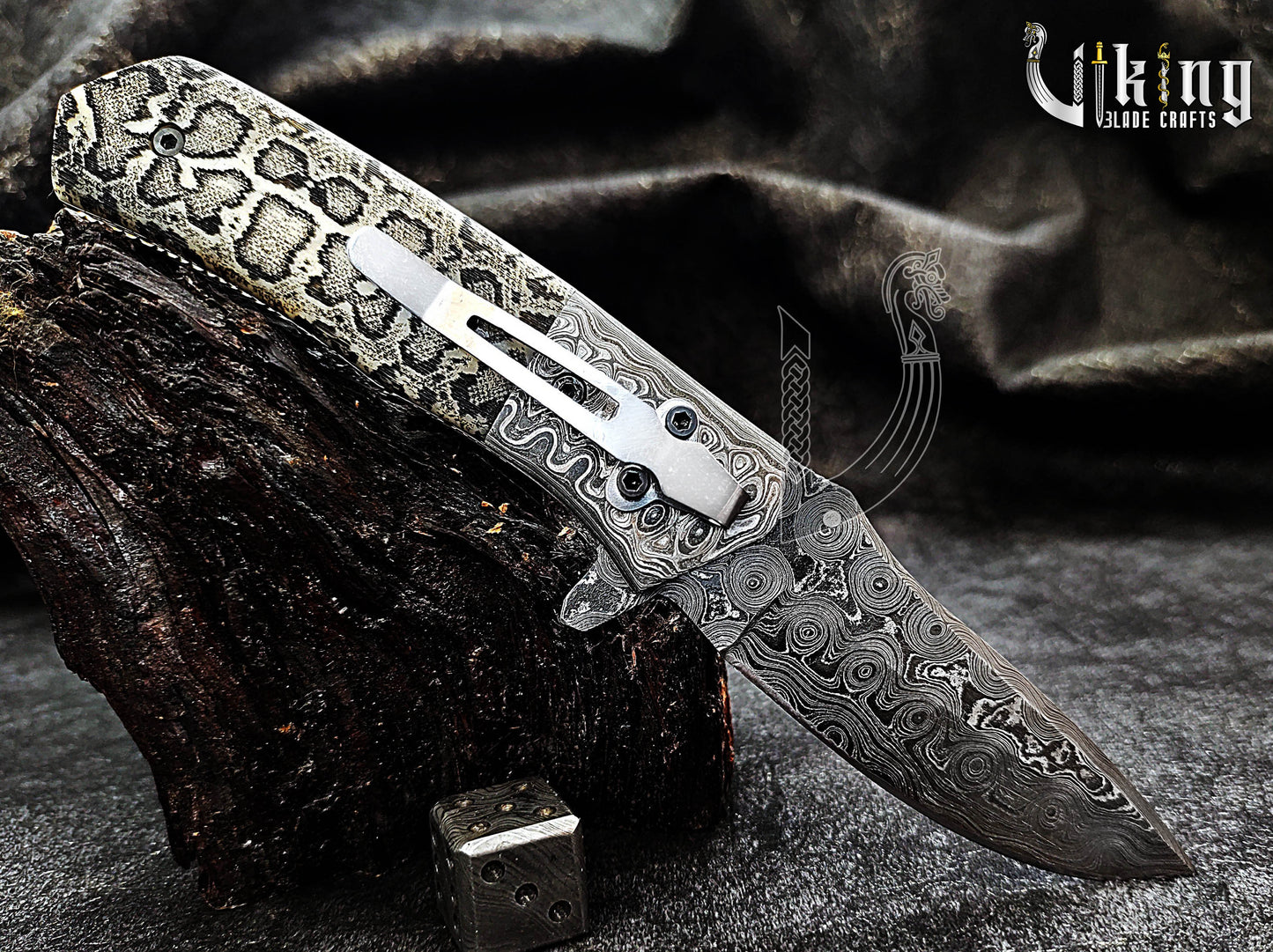 Damascus Steel Folding Pocket Knife With Damascus Clip and Bone Handle