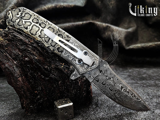 Damascus Steel Folding Pocket Knife With Damascus Clip and Bone Handle Viking_Blade_Crafts