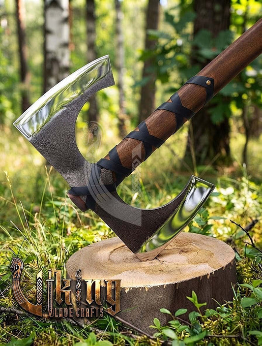 30" Double Bit Viking Battle Axe - Hand Forged Carbon Steel & Leather