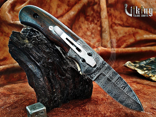 Hand-Forged Damascus Steel Folding Knife with Rosewood Handle Viking_Blade_Crafts
