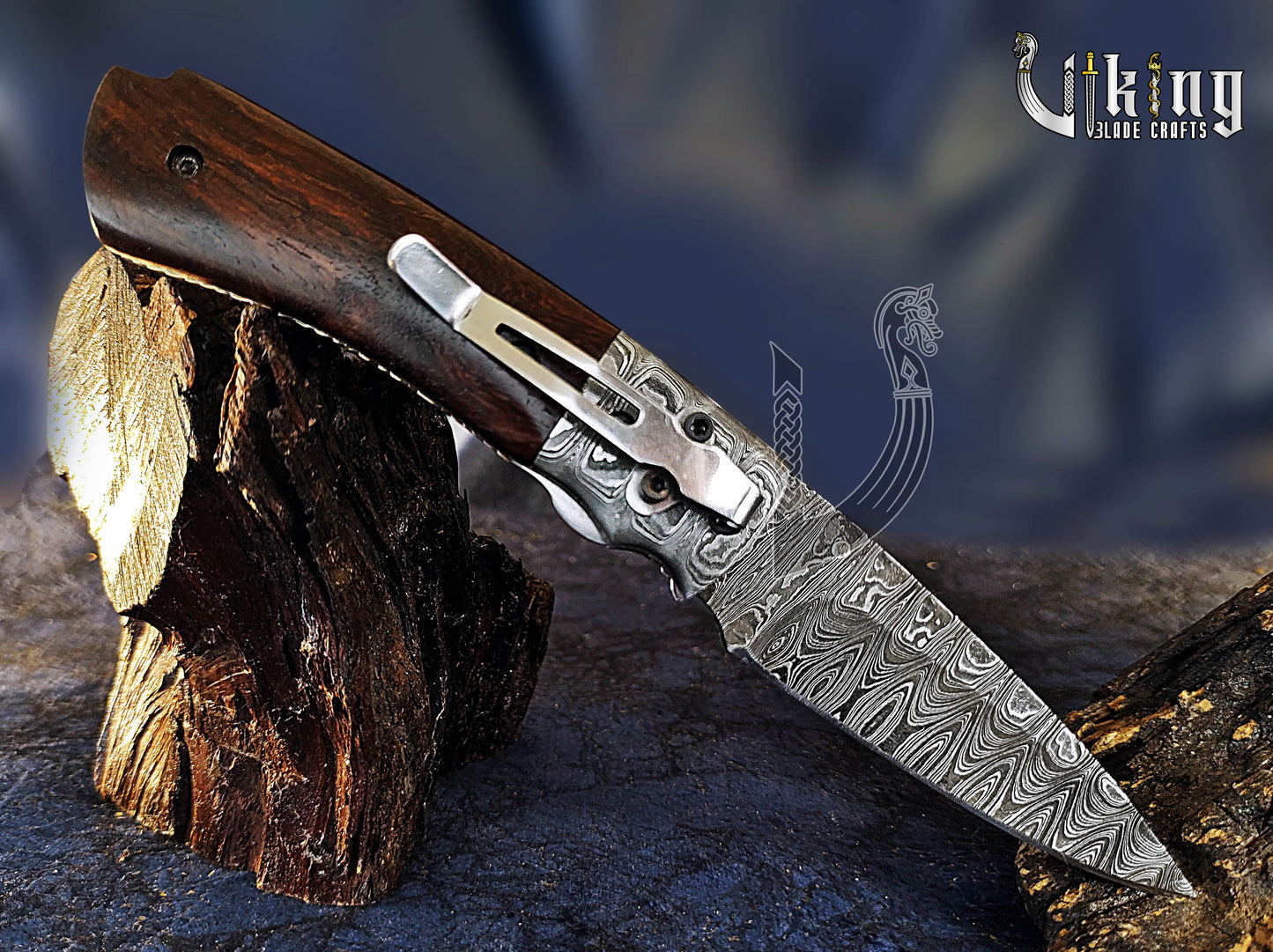 Handmade Damascus Folding Knife with Rosewood Handle & Pocket Clip