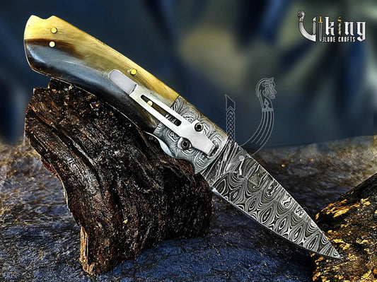Handmade 3.5" Folding Knife with Ram Horn, Ladder Pattern & Pocket Clip Viking_Blade_Crafts