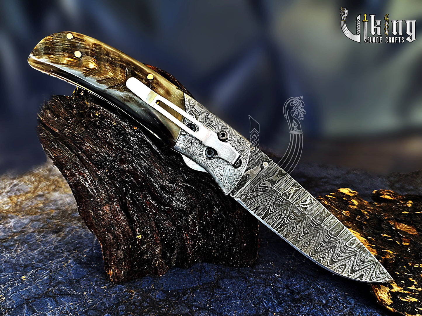 Forged Damascus Steel Folding Pocket Knife with Ram Horn Handle & Clip