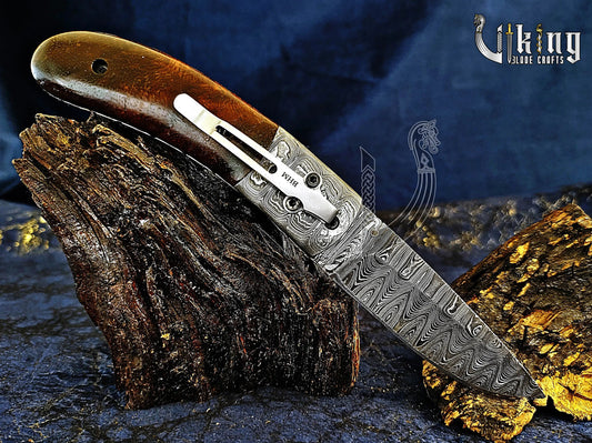 Handmade Damascus Steel EDC Folding Pocket Knife with Easy Lock Viking_Blade_Crafts