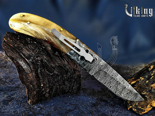 Handmade Folding Knife with Ram Horn, Ladder Pattern & Clip Viking_Blade_Crafts