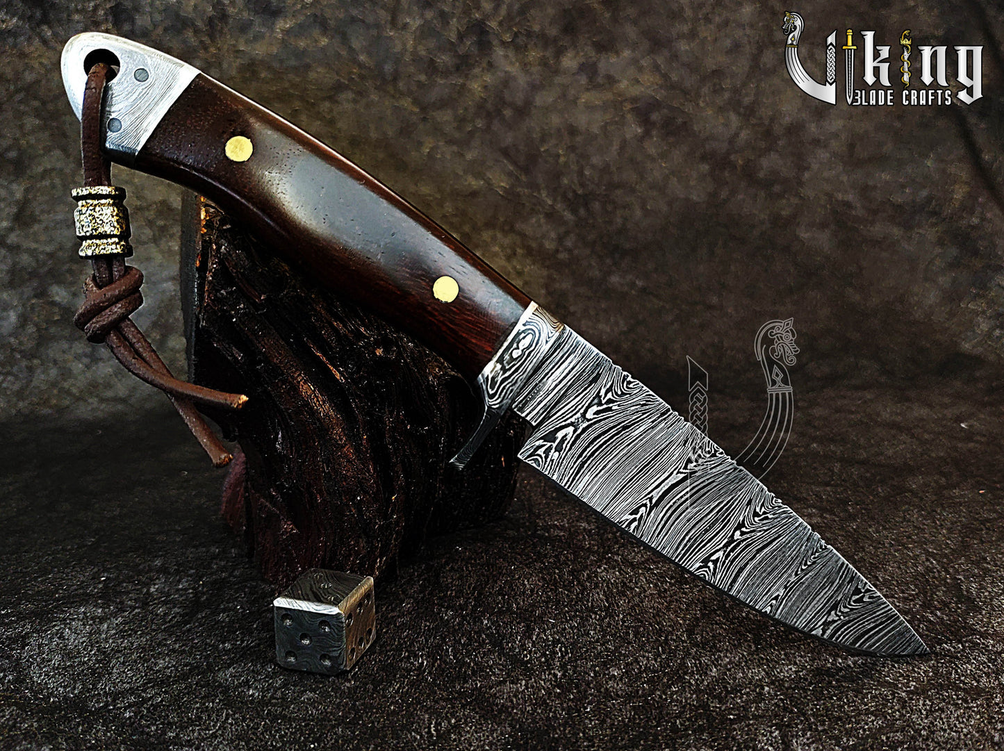 Damascus Fixed Blade Knife with Rosewood Handle & Damascus Guard & Bolster