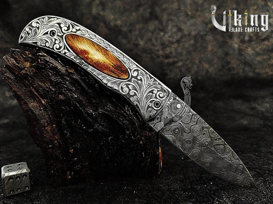 Handmade Damascus Gentlemen Series Carved Handle Folding Pocket Knife Viking_Blade_Crafts
