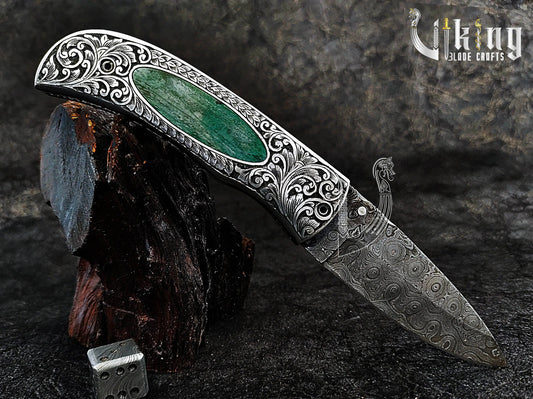 Hand-Carved Handle Damascus Folding Pocket Knife with Leather Sheath Viking_Blade_Crafts