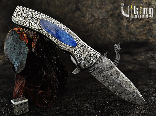 Handcrafted Damascus Steel Carved Handle Design Folding Knife Viking_Blade_Crafts