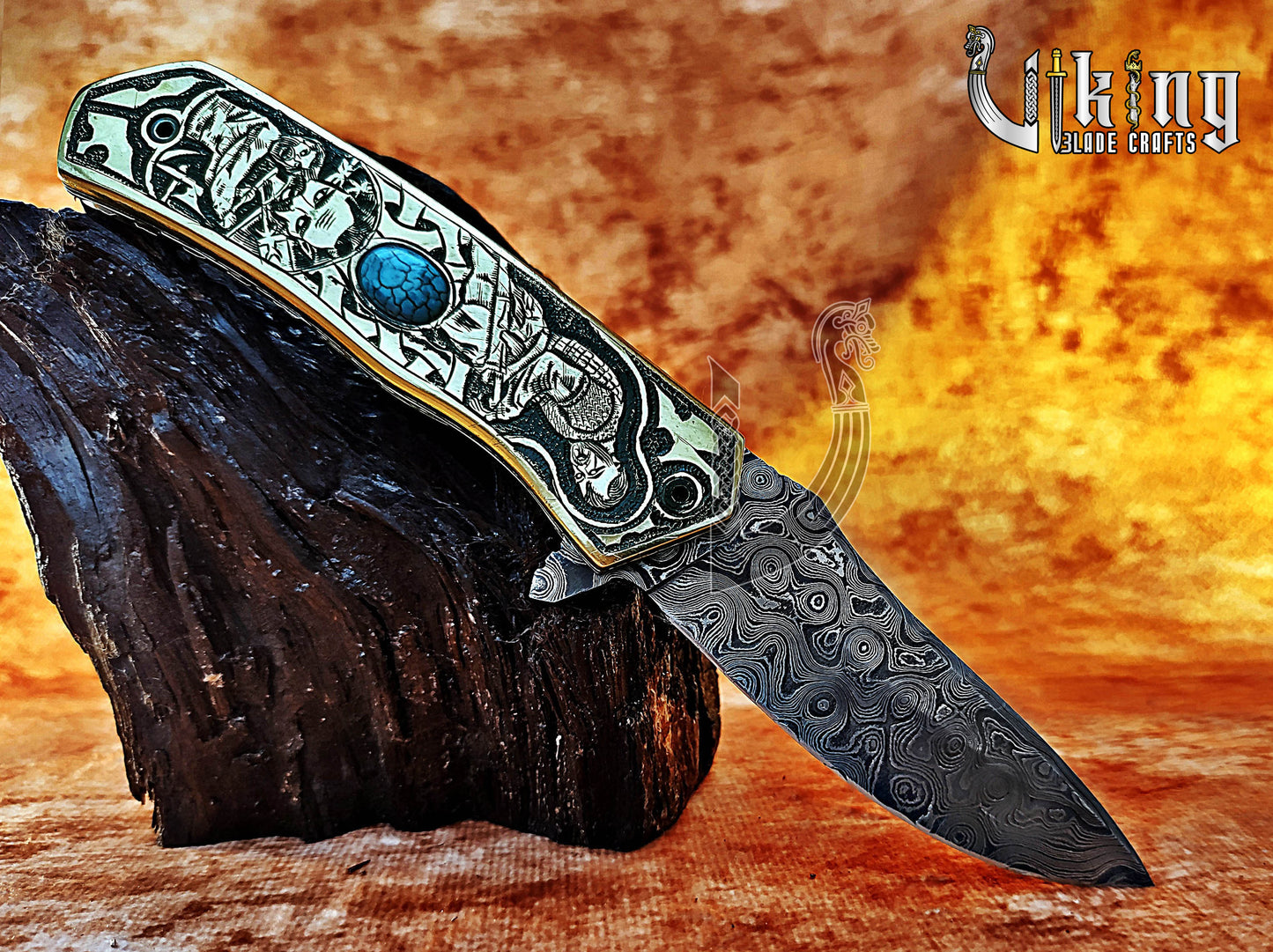 Forged Damascus Steel Blade Knife with Viking Floki Carved Handle.