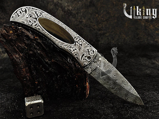 Handmade Damascus Folding Knife 3.5" Blade with Hand Carved Handle Design Viking_Blade_Crafts