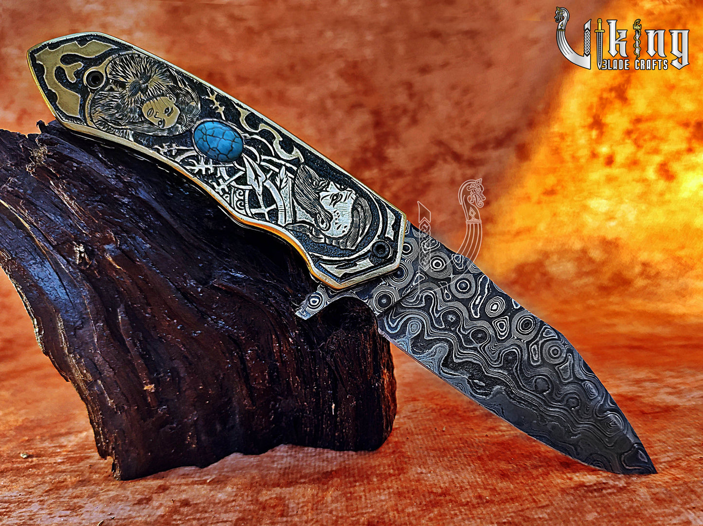 Handmade Damascus Folding Knife Shieldmaiden Lagertha & Ragnar Lothbrok Carved Handle Folding Knife