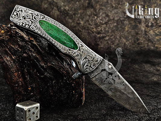 Handmade Damascus Steel Easy Lock Hand Carved Handle Folding Knife Viking_Blade_Crafts