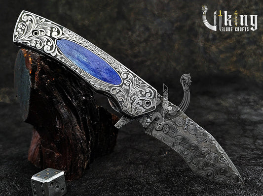 Damascus Folding Pocket Folding Knife Carved Handle Unequaled Stunning Craftsmanship Viking_Blade_Crafts