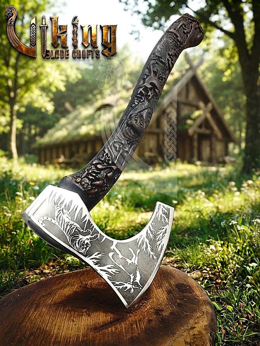 Wildlife Viking Axe | Hand Carved Handle | Forged Steel